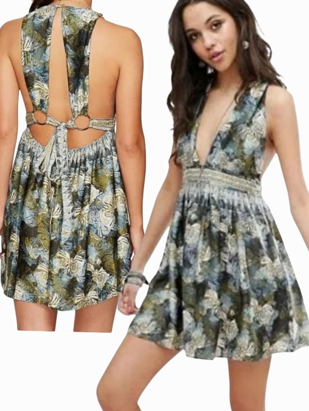 FREE PEOPLE Dress Green Butterfly Mini Dress Deep V Women's Size Extra Small XS